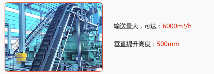 大傾角帶式輸送機輸送量大，可達：6000m³/h，垂直提升高度：500mm